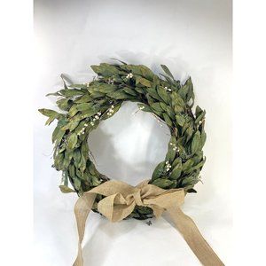 Artificial Leaf White Berry Circle Wreath w/ Burlap Bow